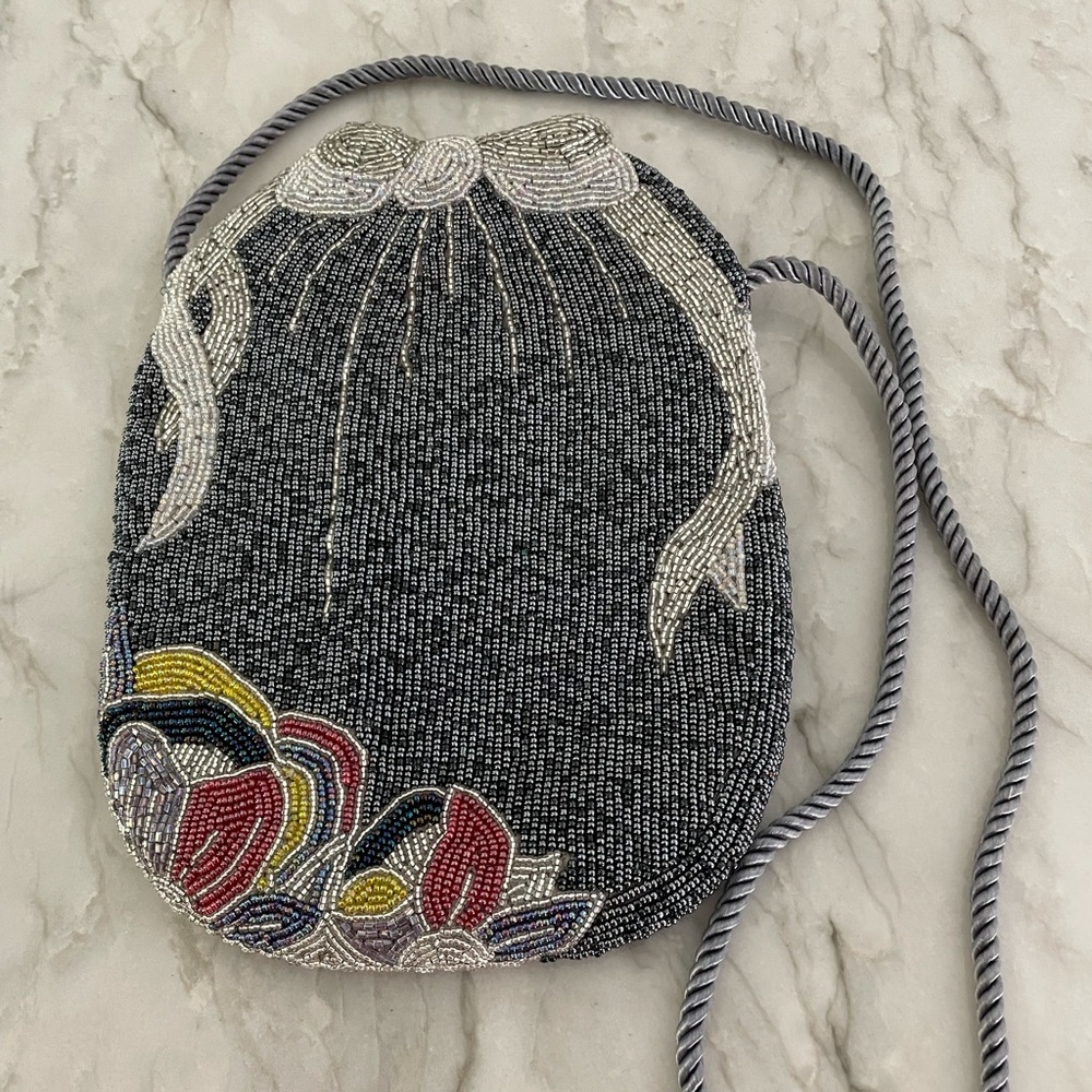 Vintage Grey and silver Beaded evening purse by Jeromes with silk rope